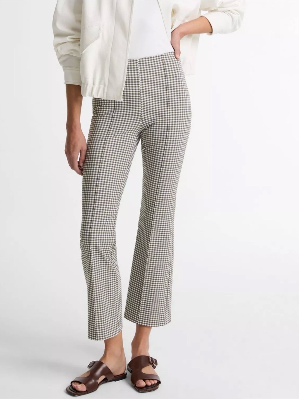 Vince Niki gingham mid rise cropped flare pants in tapanade gingham color